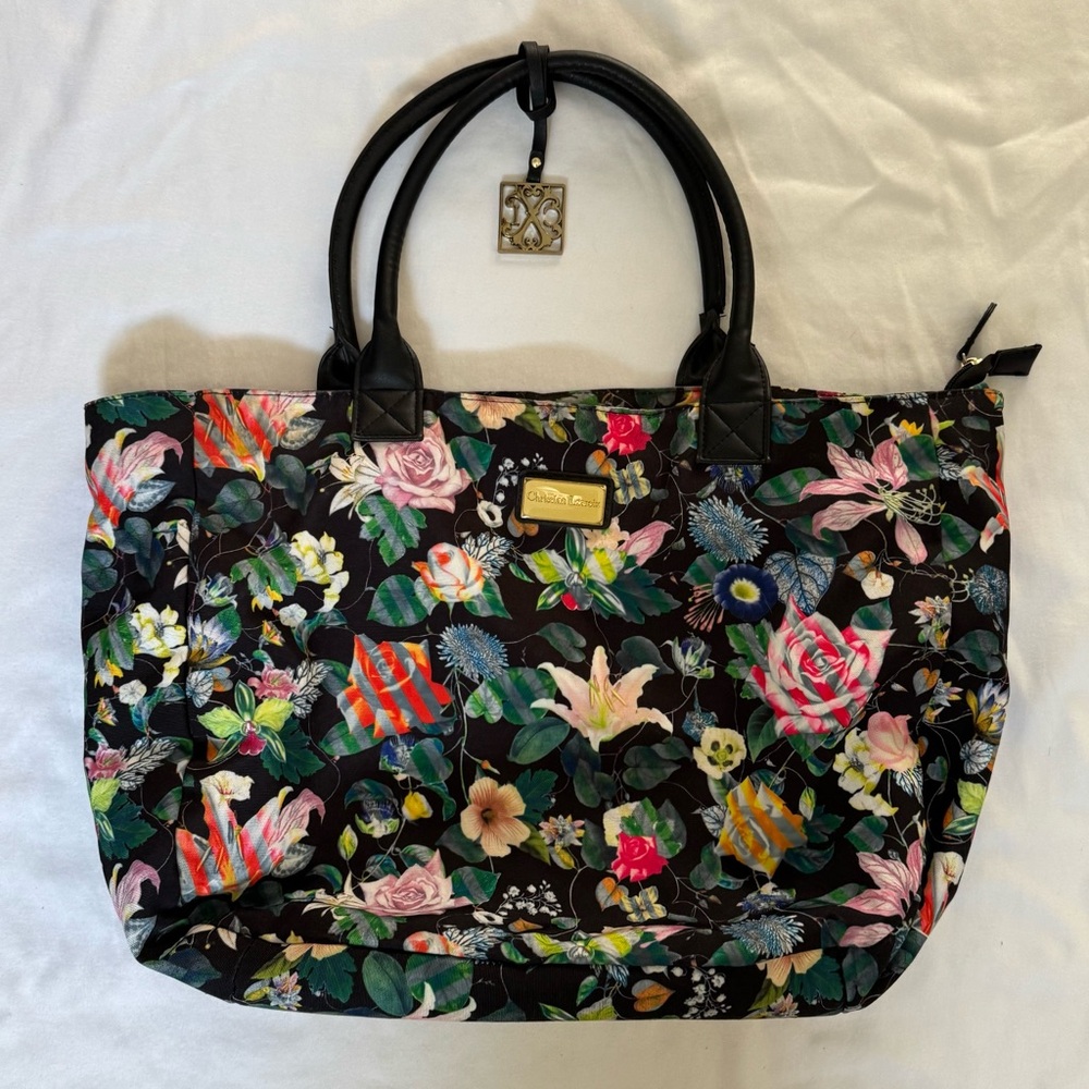 Vintage Christian Lacroix Floral Canvas Tote with Leather Handles – Large